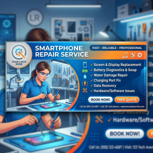 Technician repairing a smartphone with services like screen replacement, battery swap, water damage repair
